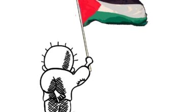 Karikatur Handala ciptaan Naji al-Ali, digambarkan dari belakang sedang memegang bendera Palestina, melambangkan perjuangan dalam Kisah Naji al-Ali.