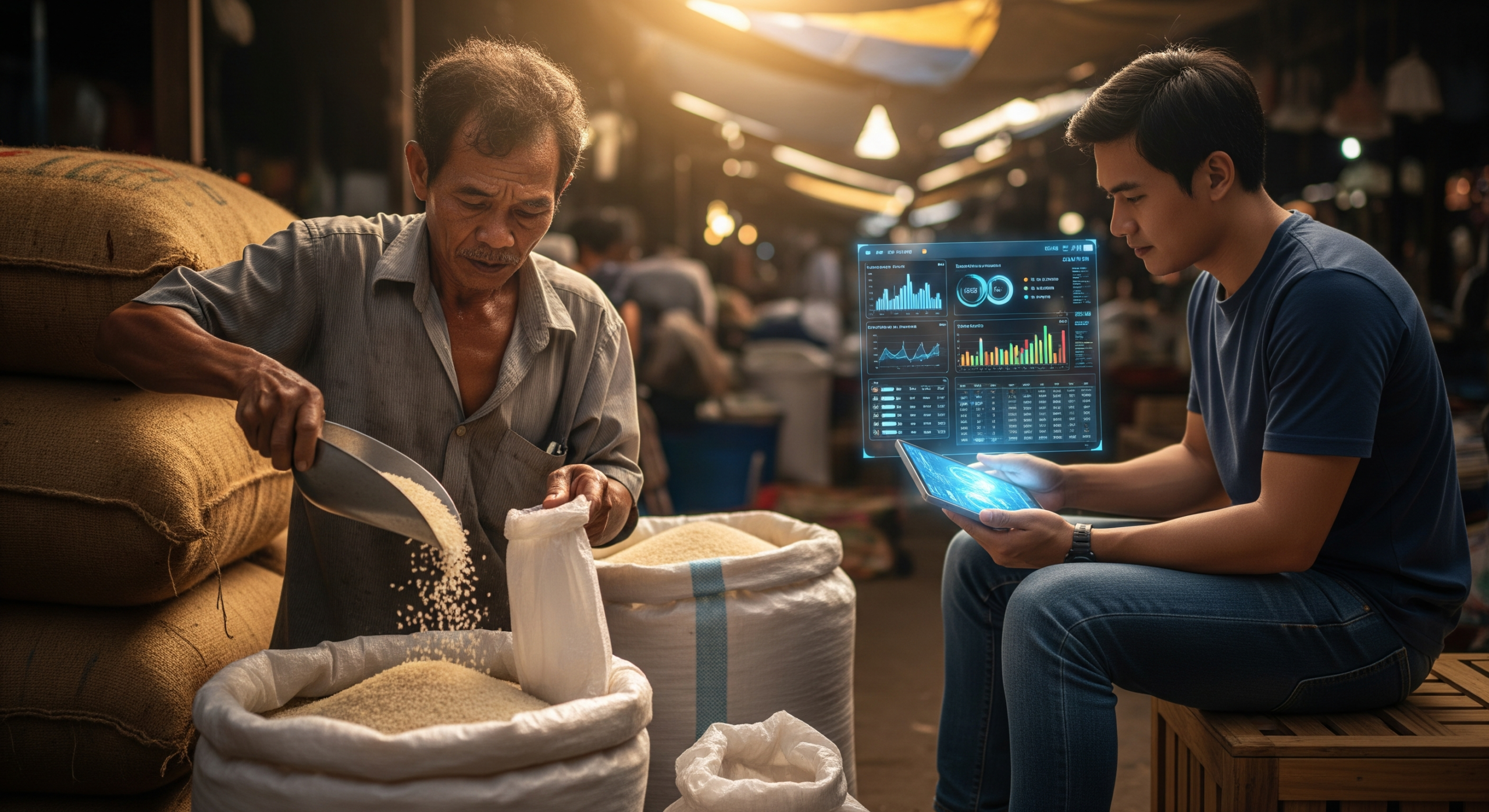Ilustrasi visual Mitos AI di Indonesia yang menampilkan kontras antara petani tradisional di pasar beras dan seorang pemuda yang menggunakan dashboard AI holografik.