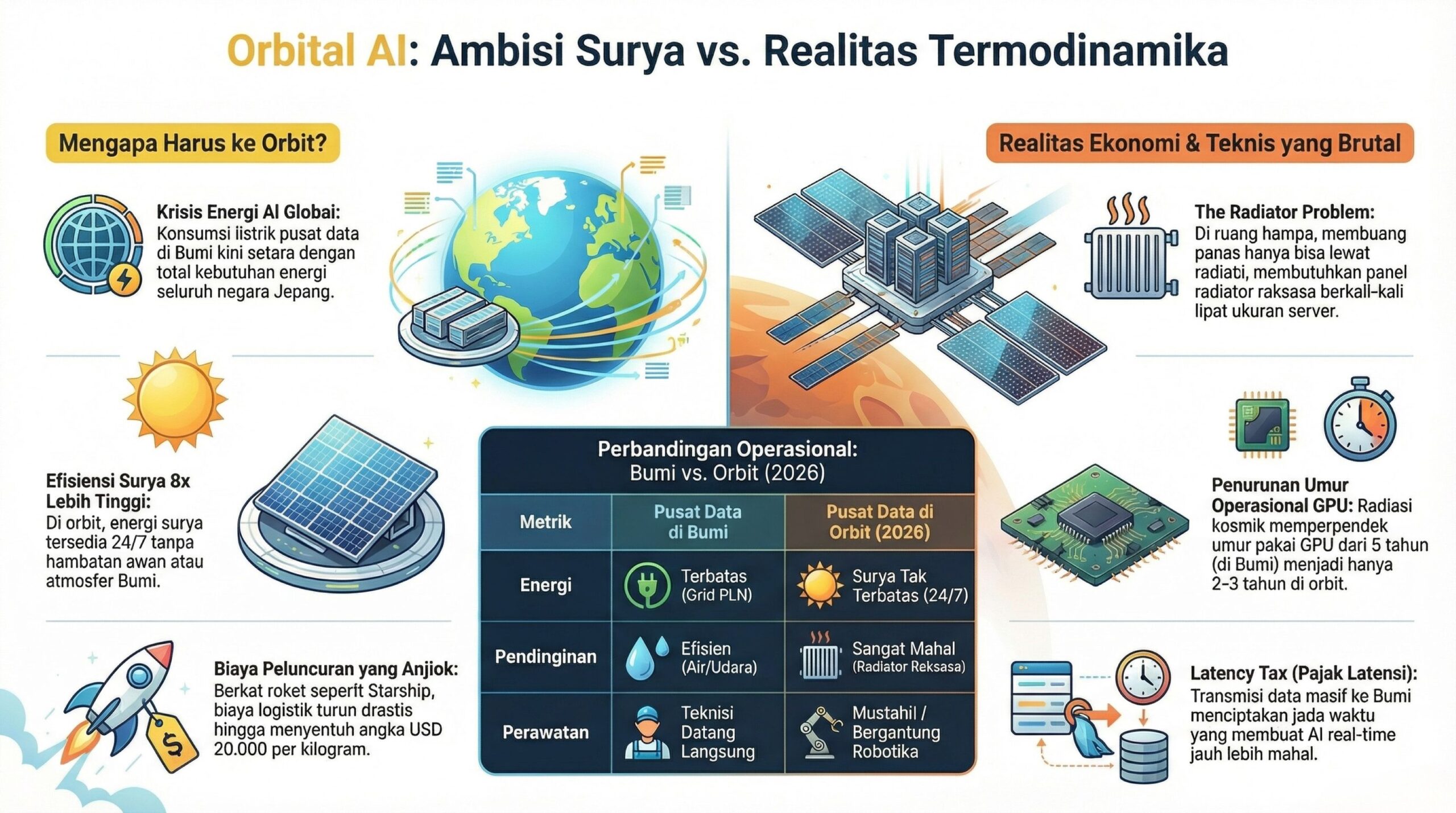 Infografis yang membandingkan ambisi pusat data AI di orbit rendah dengan realitas termodinamika, termasuk krisis energi AI global, efisiensi surya 8x lebih tinggi, perbandingan operasional antara Bumi dan orbit pada 2026, serta tantangan seperti masalah radiator, biaya peluncuran, penurunan umur GPU, dan latency tax.