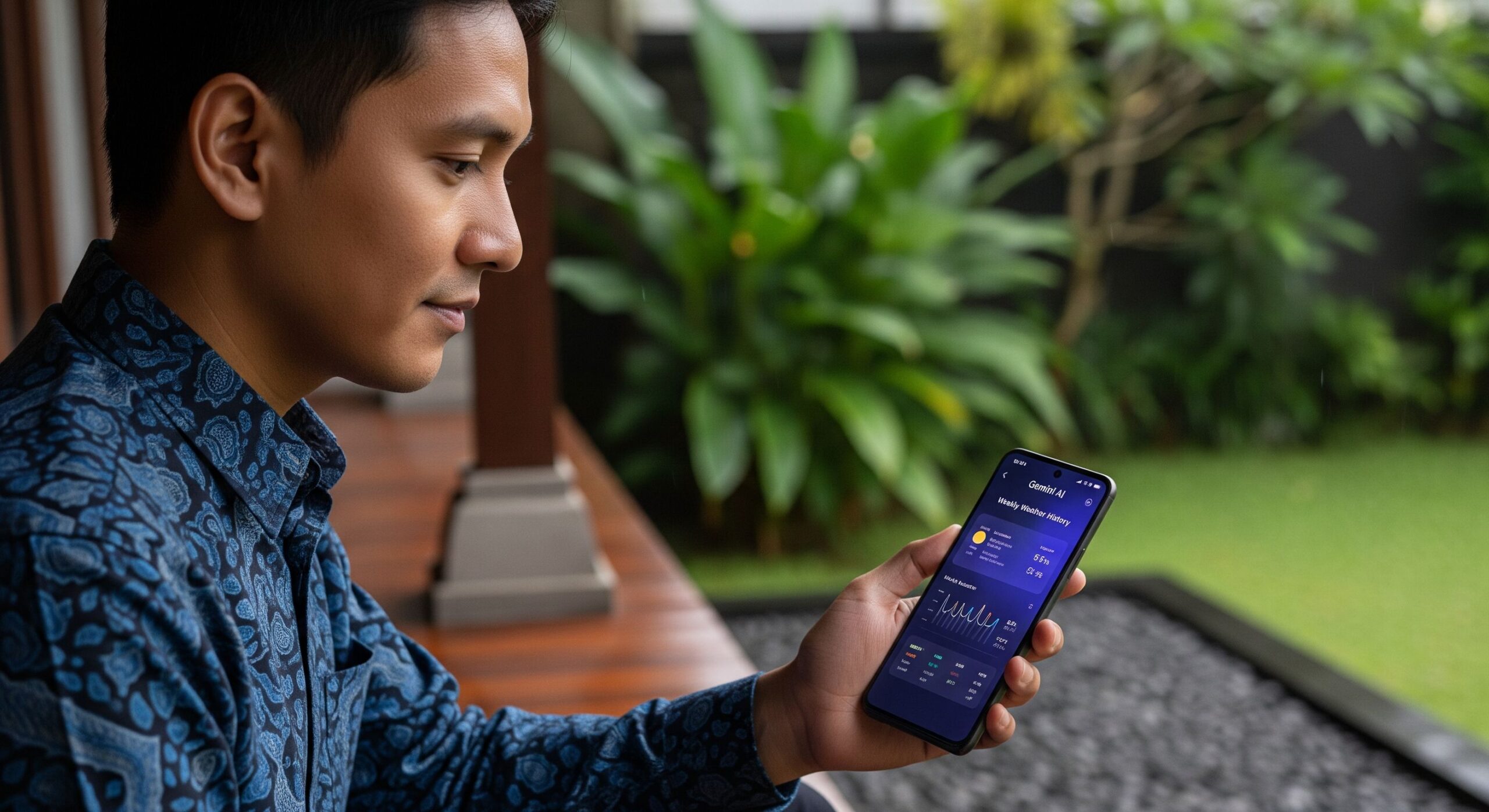 Pria Indonesia berusia 30-an dengan kemeja batik biru motif etnis duduk di teras kayu rumah tropis, memegang smartphone Samsung berwarna hitam dengan layar menampilkan aplikasi cuaca AI "Weekly Weather History" (grafik suhu, curah hujan, dan ikon matahari). Latar belakang: tanaman hijau, rumput, dan elemen arsitektur tradisional Indonesia.